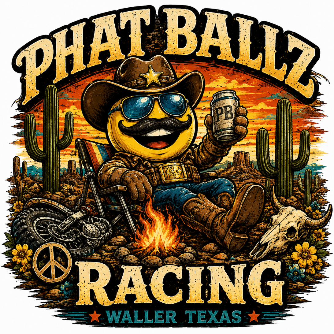 Phat Ballz mascot by a desert campfire holding a PB can