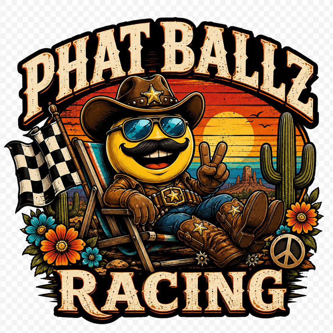 Phat Ballz mascot relaxing by a campfire in the desert