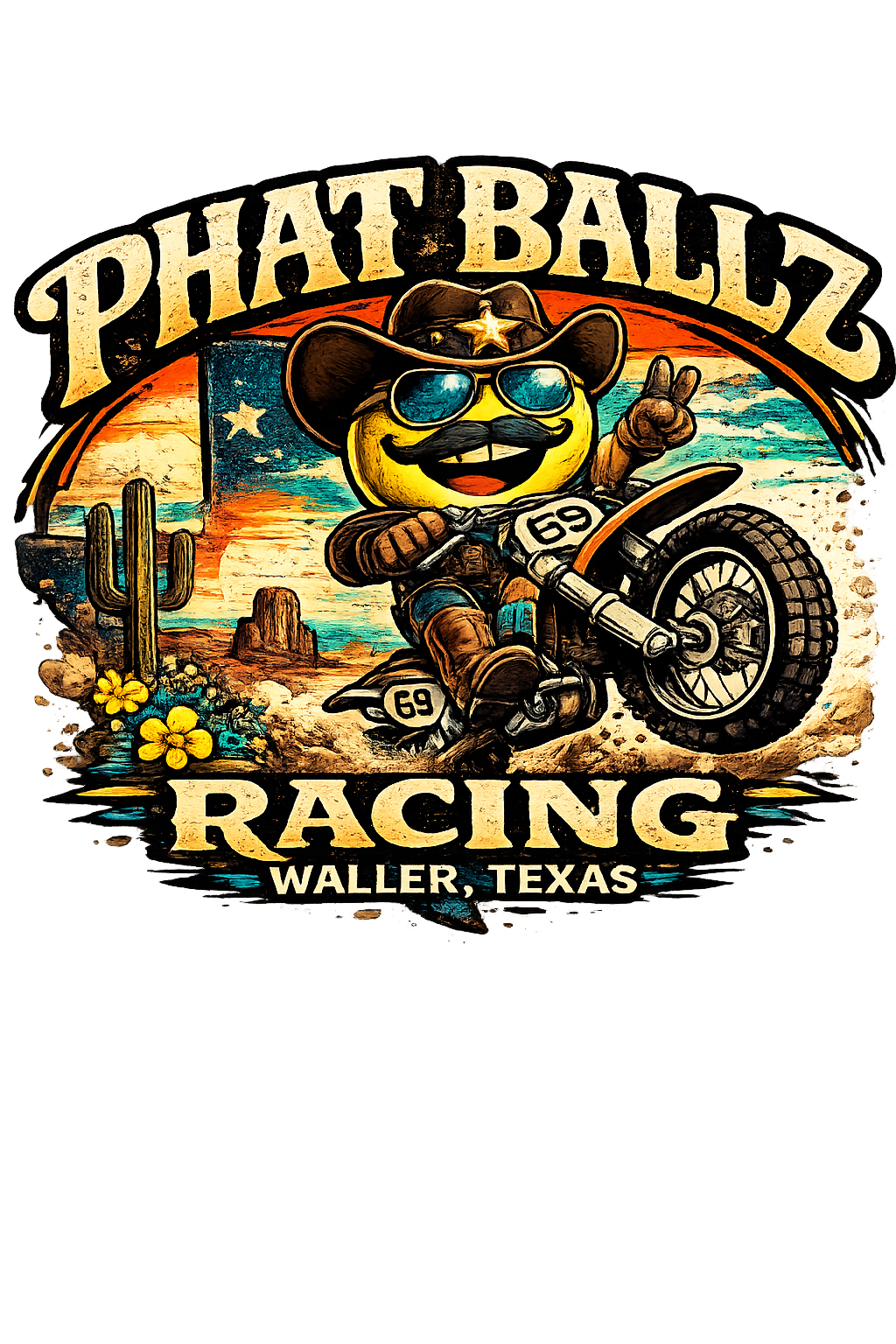 Phat Ballz Racing mascot riding a dirt bike, number 69
